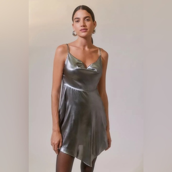 Urban Outfitters Dresses & Skirts - Silver UO Mallory Metallic Asymmetrical Slip Dress NWT